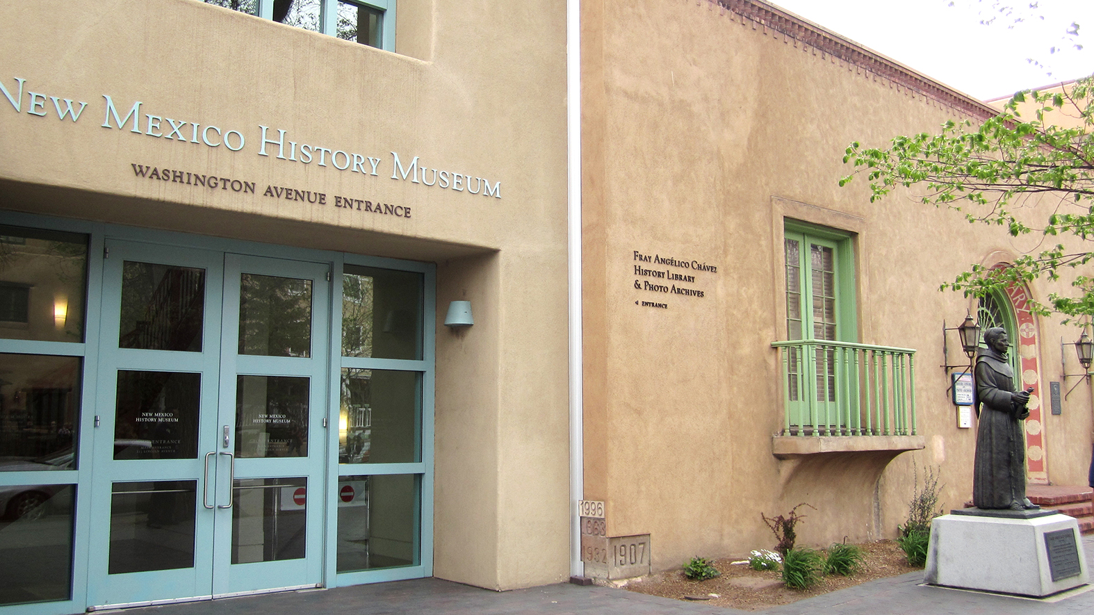 A view of the Chávez Library facade and museum entrance on Washington Ave. 